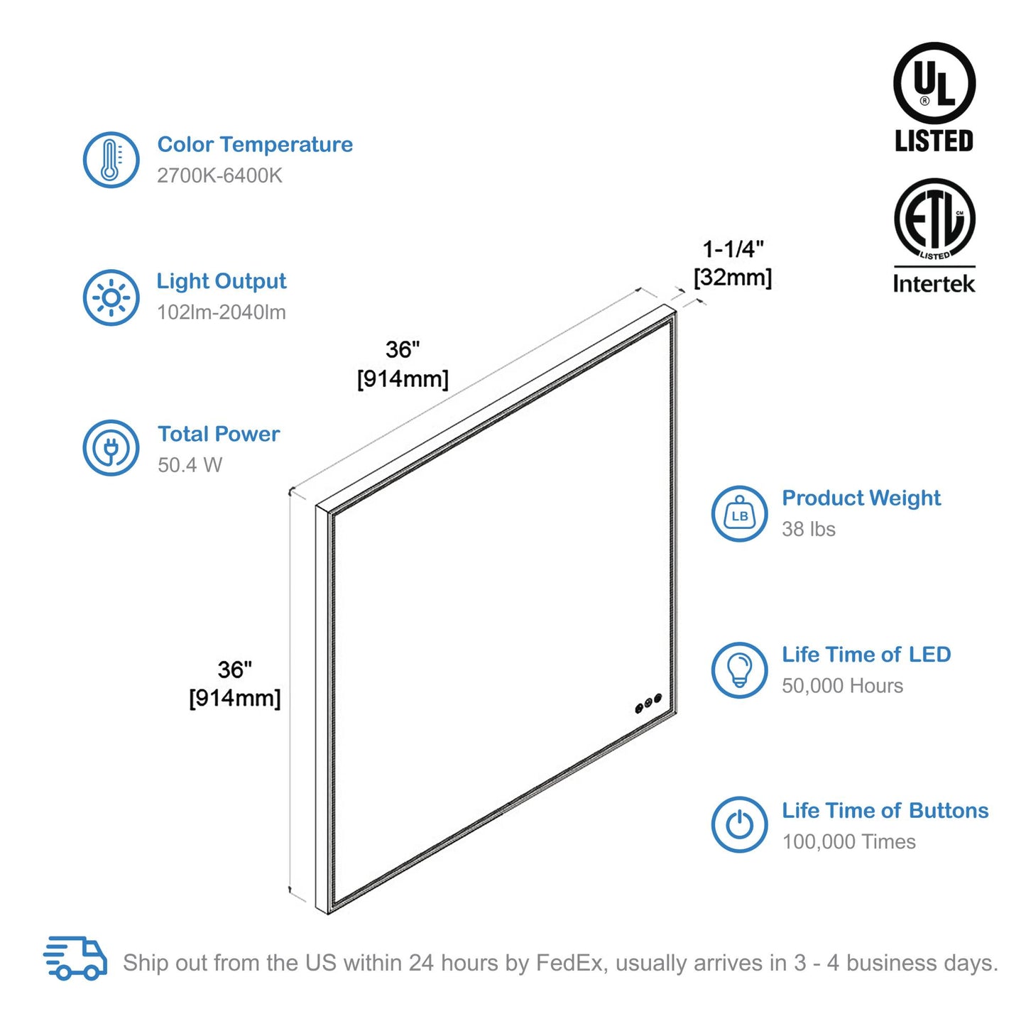 Blossom Stellar 36 Inch LED Mirror - LED M4 3636 MB