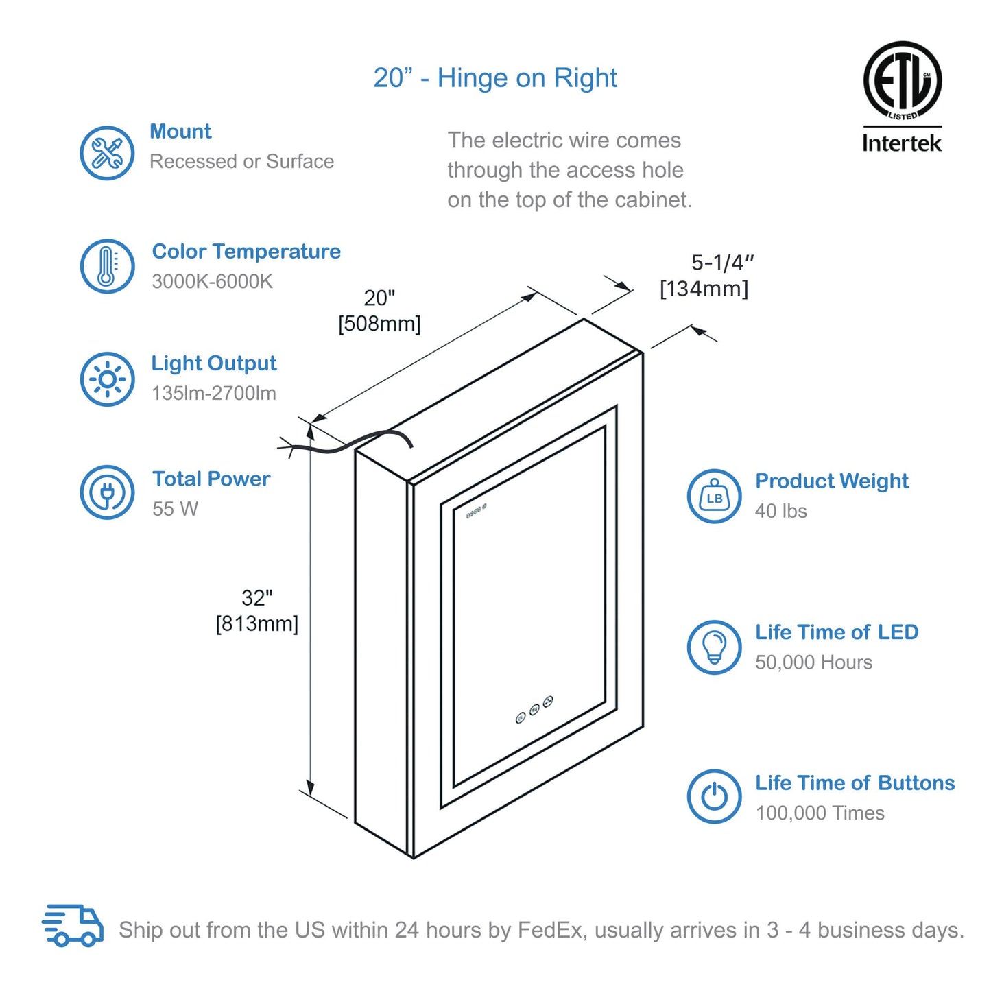 Blossom Asta – 20 Inches LED Medicine Cabinet - MCL2 2032L