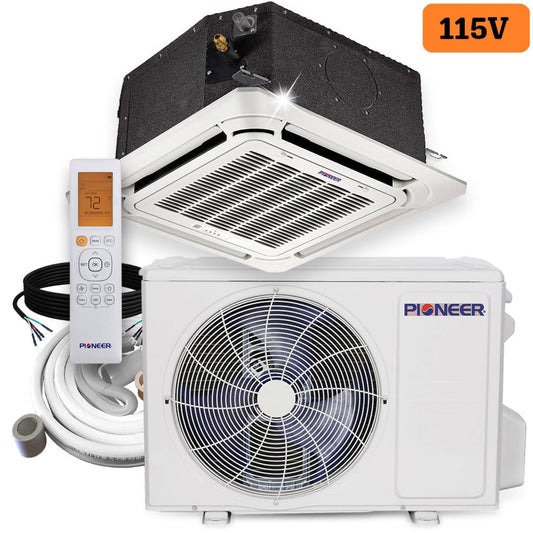 Pioneer 12,000 BTU 21.5 SEER 115V SEER 8-Way Compact Cassette Mini-Split Air Conditioner Heat Pump System Full Set - CYB012AMFILCAD-10
